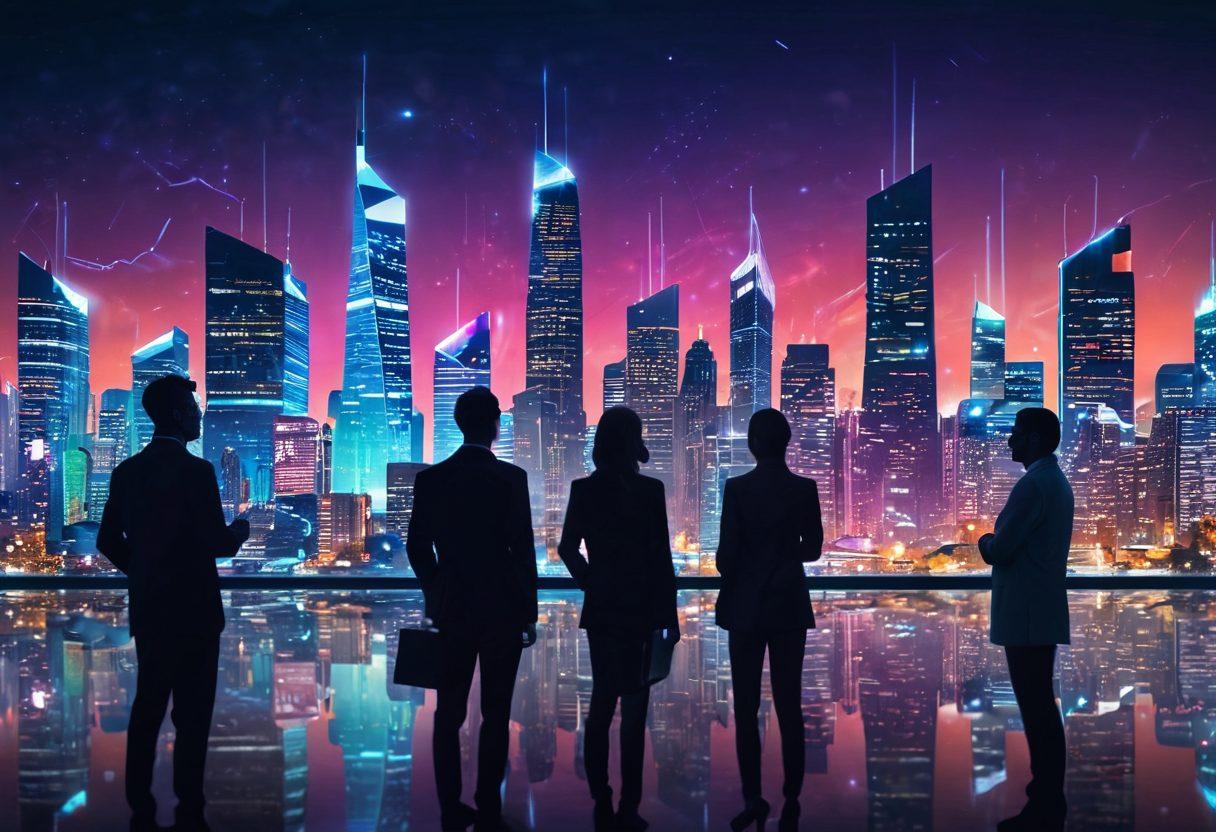 A futuristic city skyline with shimmering skyscrapers and digital billboards displaying stock market trends and data analytics. In the foreground, a diverse group of people analyzing holographic financial charts and graphs. Bright city lights reflecting wealth and innovation, symbolizing hope and prosperity through technology. super-realistic. vibrant colors. dynamic composition.