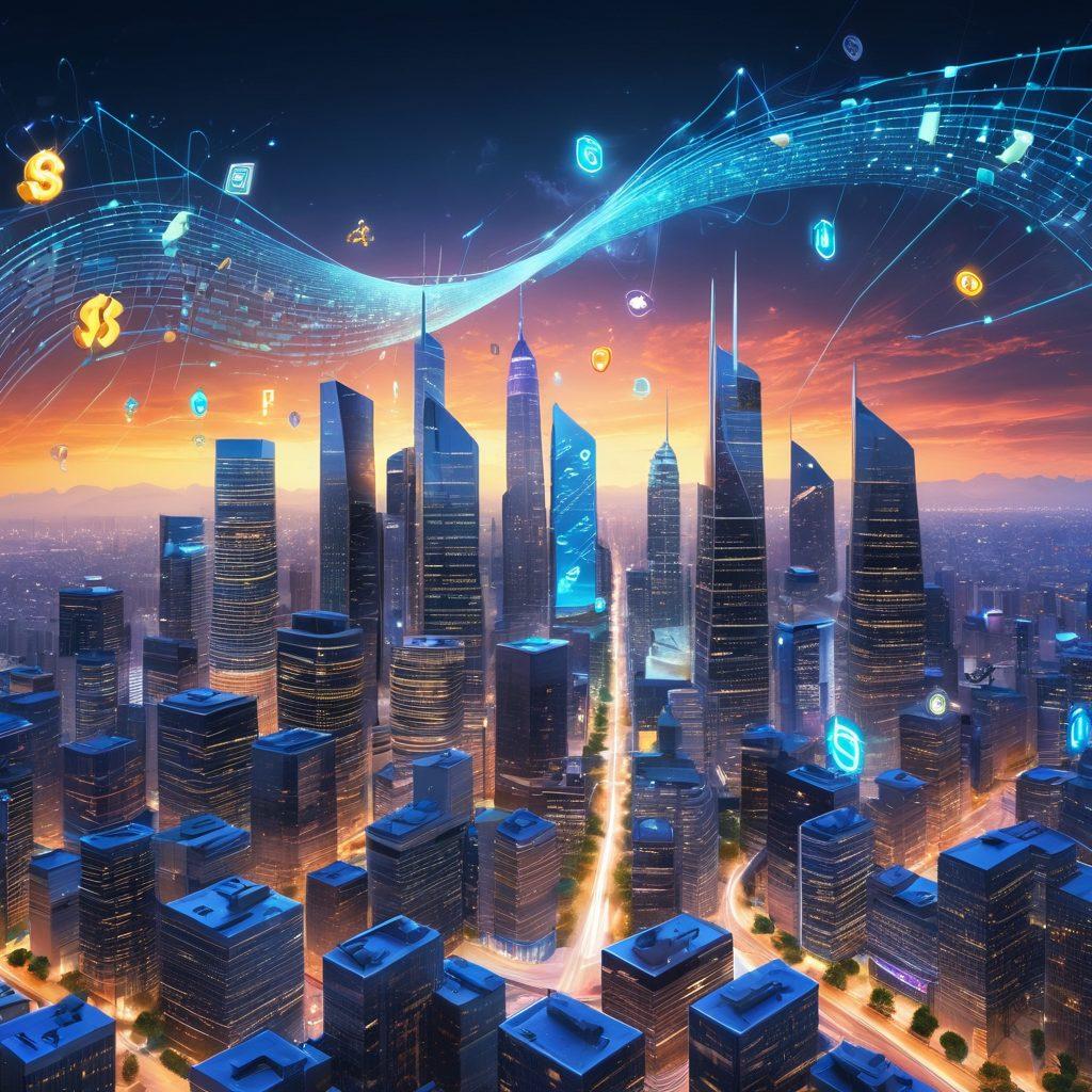 A futuristic city skyline representing innovation in finance, with data visualizations and algorithms swirling in the sky. Incorporate symbols of insurtech, like digital insurance cards and analytics graphs, intermingling with traditional finance symbols such as dollar signs and coins. The atmosphere should be dynamic and tech-forward, suggesting advancement and transformation. Super-realistic. Vibrant colors. 3D.